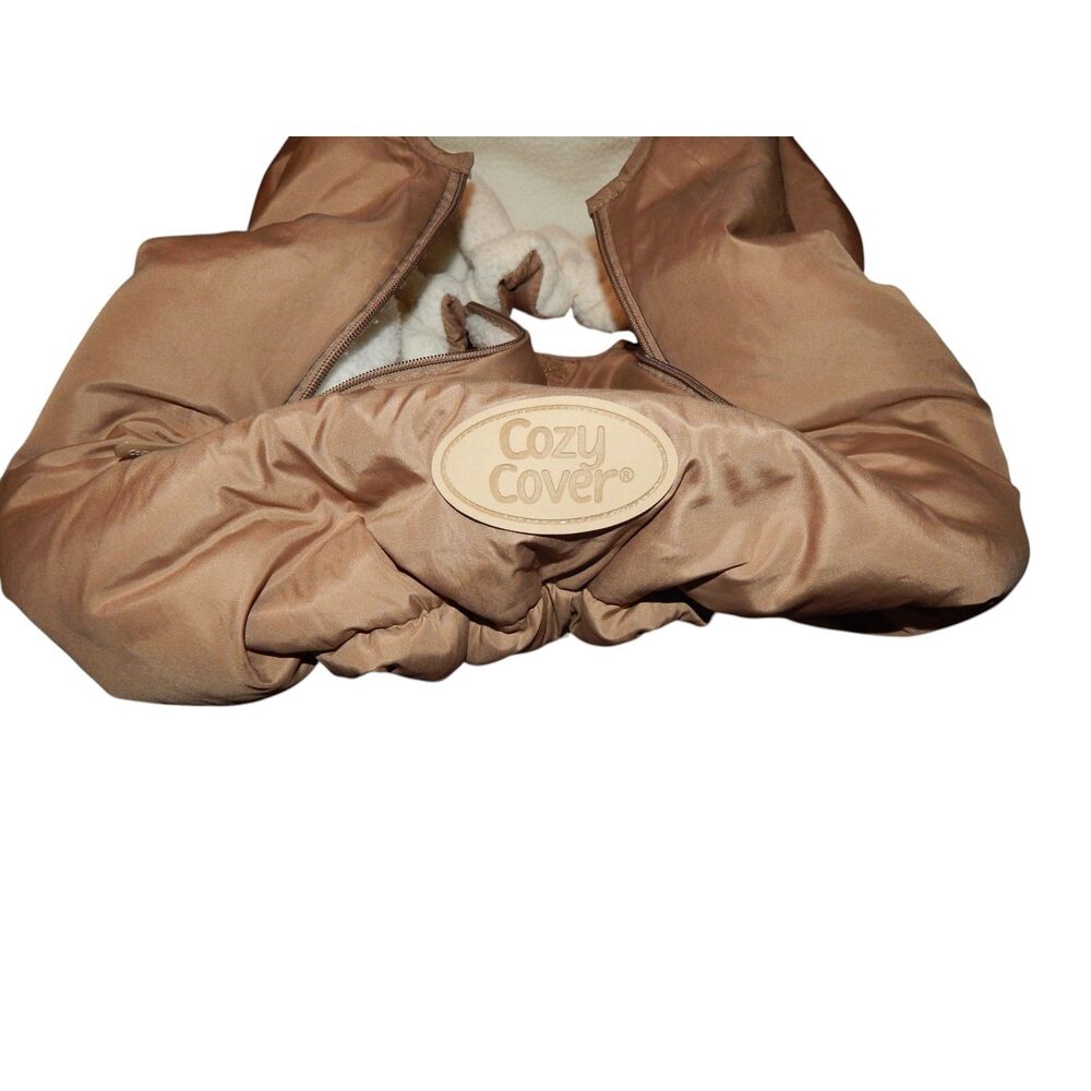 COZY COVER tan & cream insulated dual-zipper winter infant baby carseat cover - Picture 4 of 7